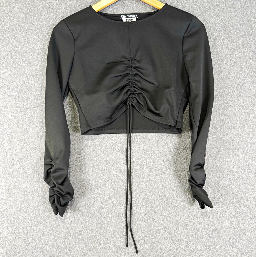 Zara Tech Crop Top Womens Medium Black Ruched Drawstring Long Sleeve Stretch